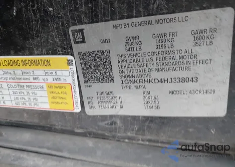 2017 Chevrolet Traverse 2Lt из США, поврежденный, VIN 1GNKRHKD4HJ338043